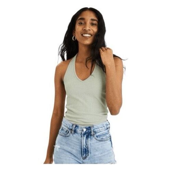 American Eagle AE Green Ribbed Knit Halter Top Pull-Over M - Picture 1 of 6